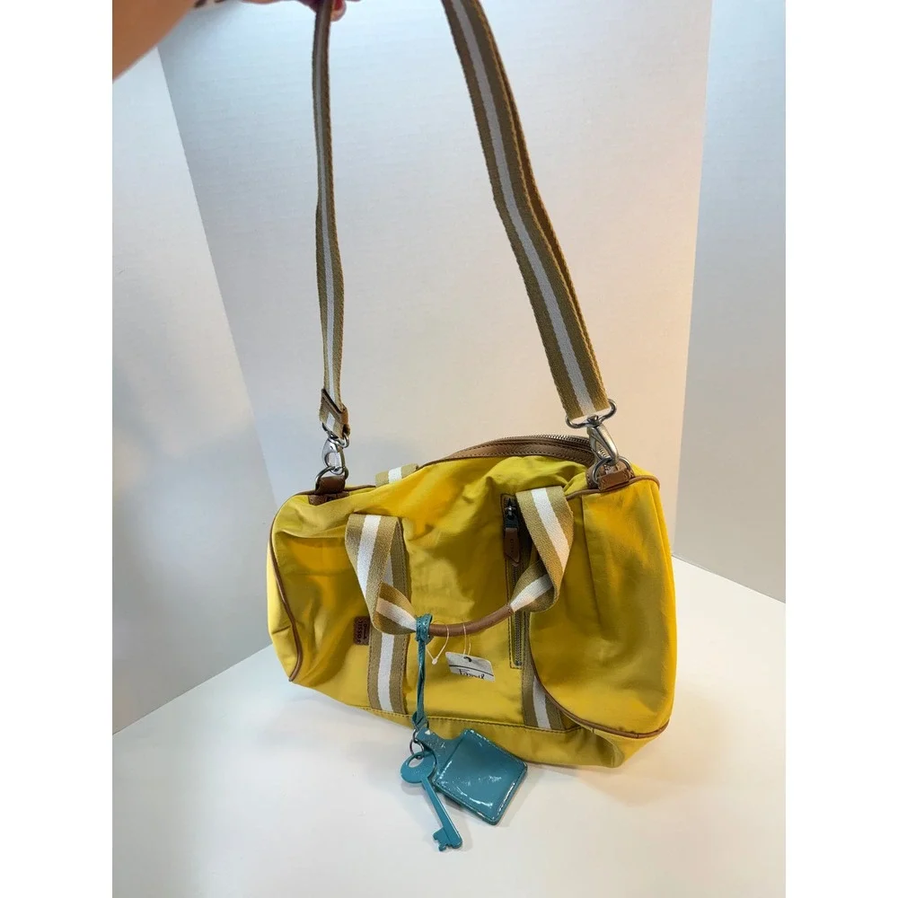 Fossil Key Per Duffle Satchel Yellow Nylon Leather Trim Crossbody Bag